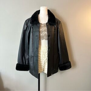 90s style black leather jacket with fur collar